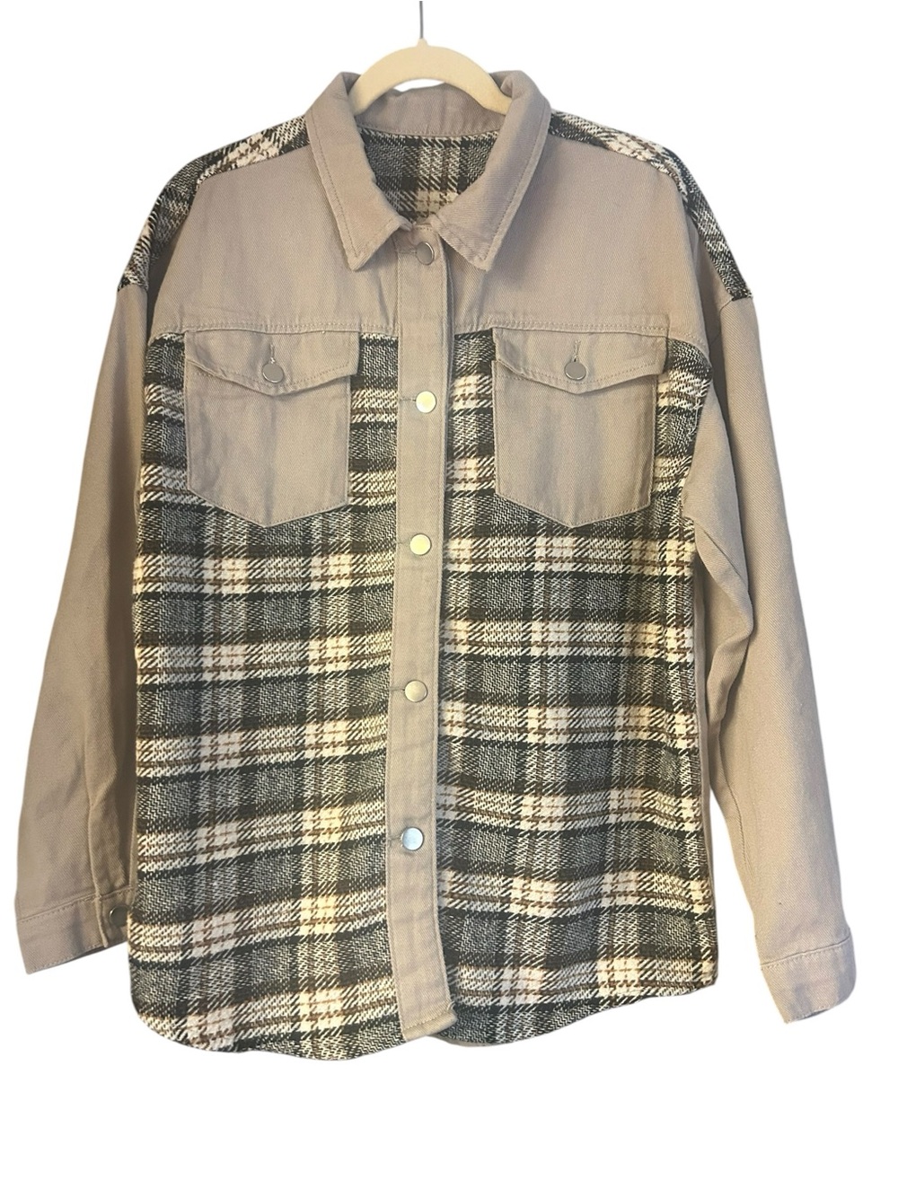 Women's Light Tan Button Up Plaid Shacket Jacket Large